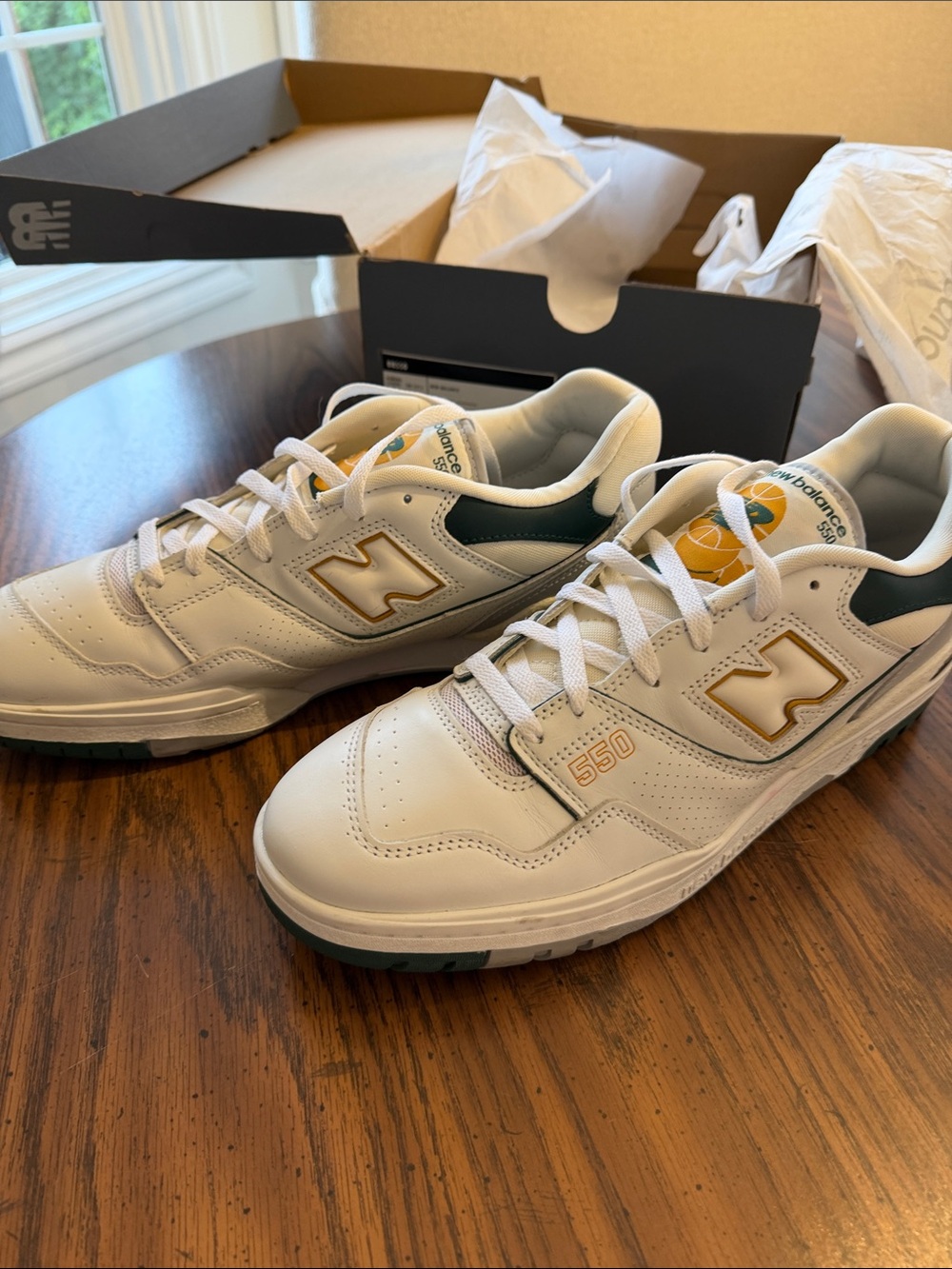 Men’s New Balance 550 Sneakers, white with Green and Gold Accents, sold with box